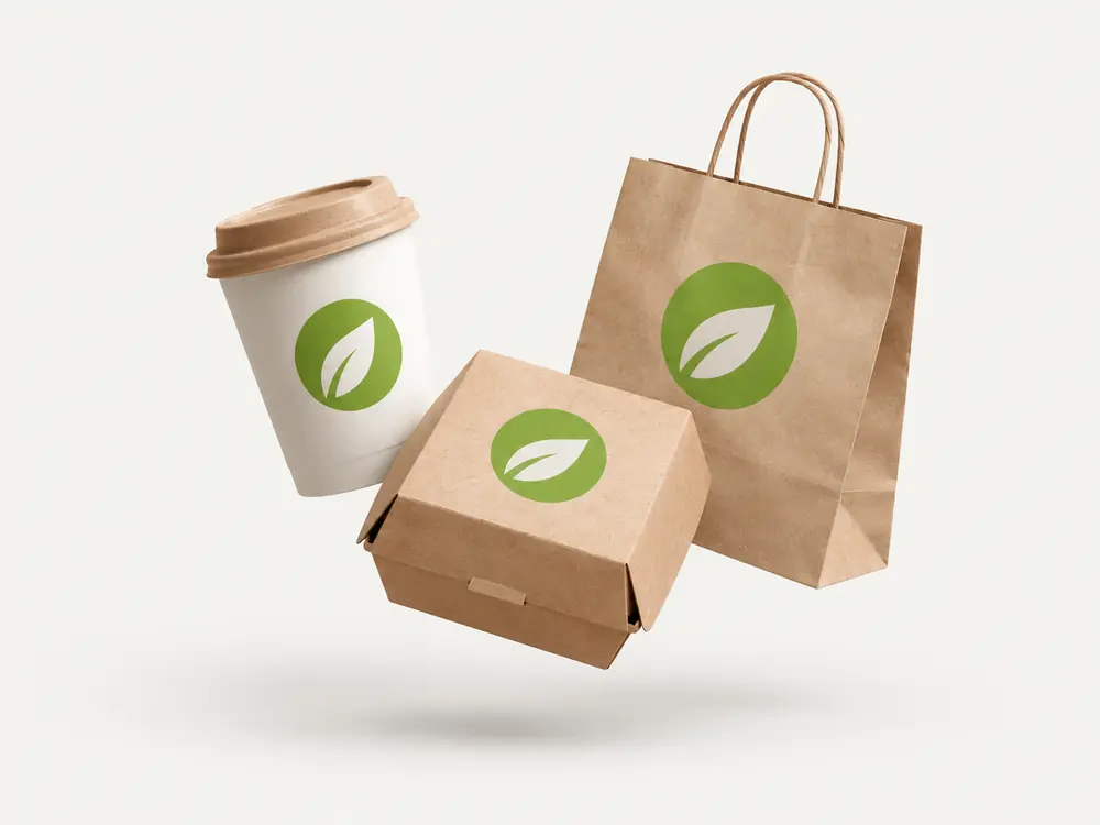 Custom printed cup, box and carrier bag with a sample logo