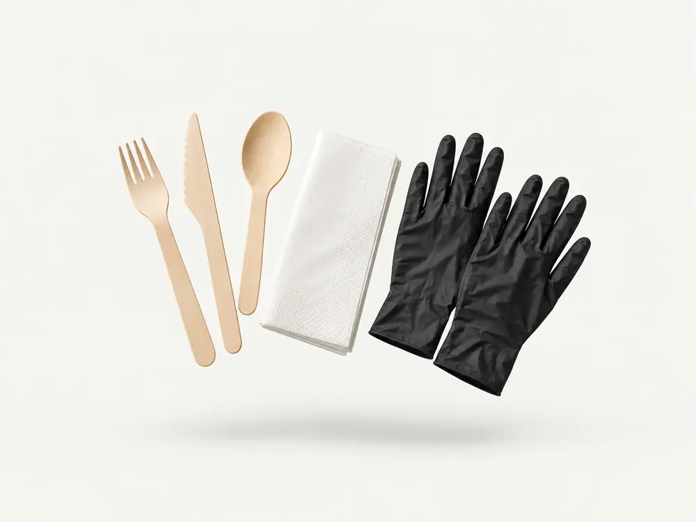Wooden cutlery, paper napkin and black gloves