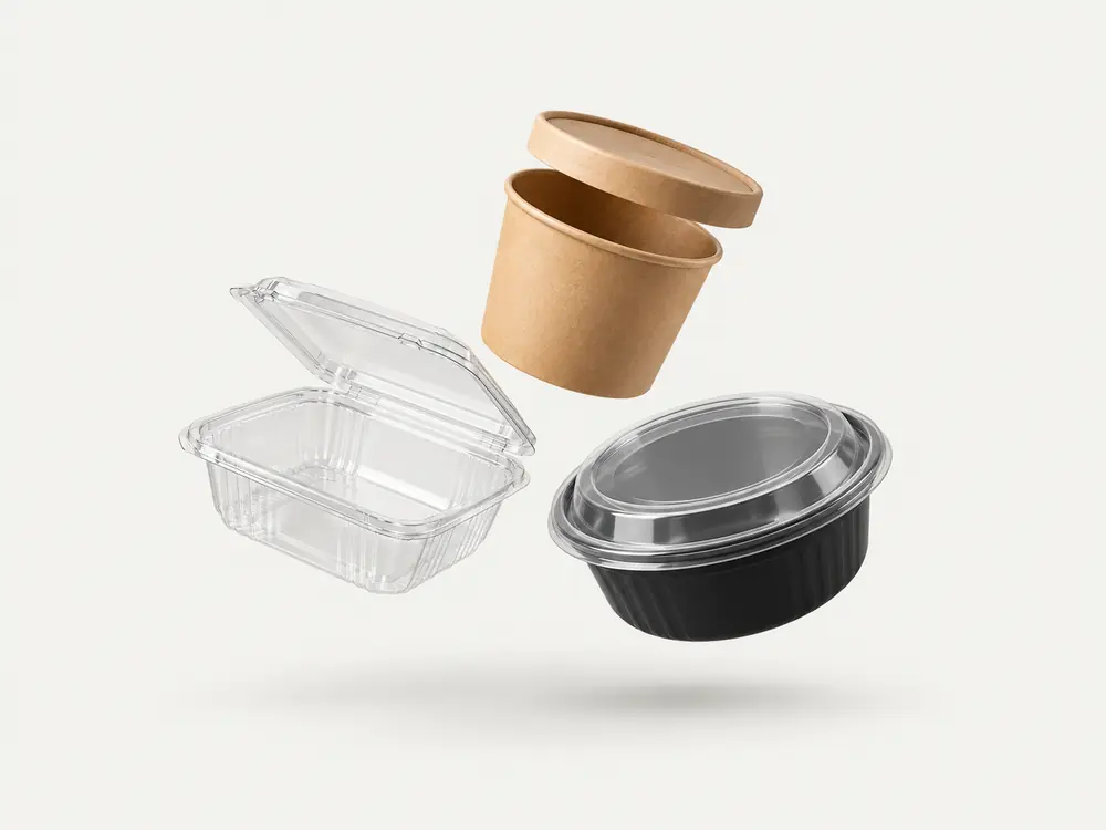 Kraft soup tub, clear salad container and black round container