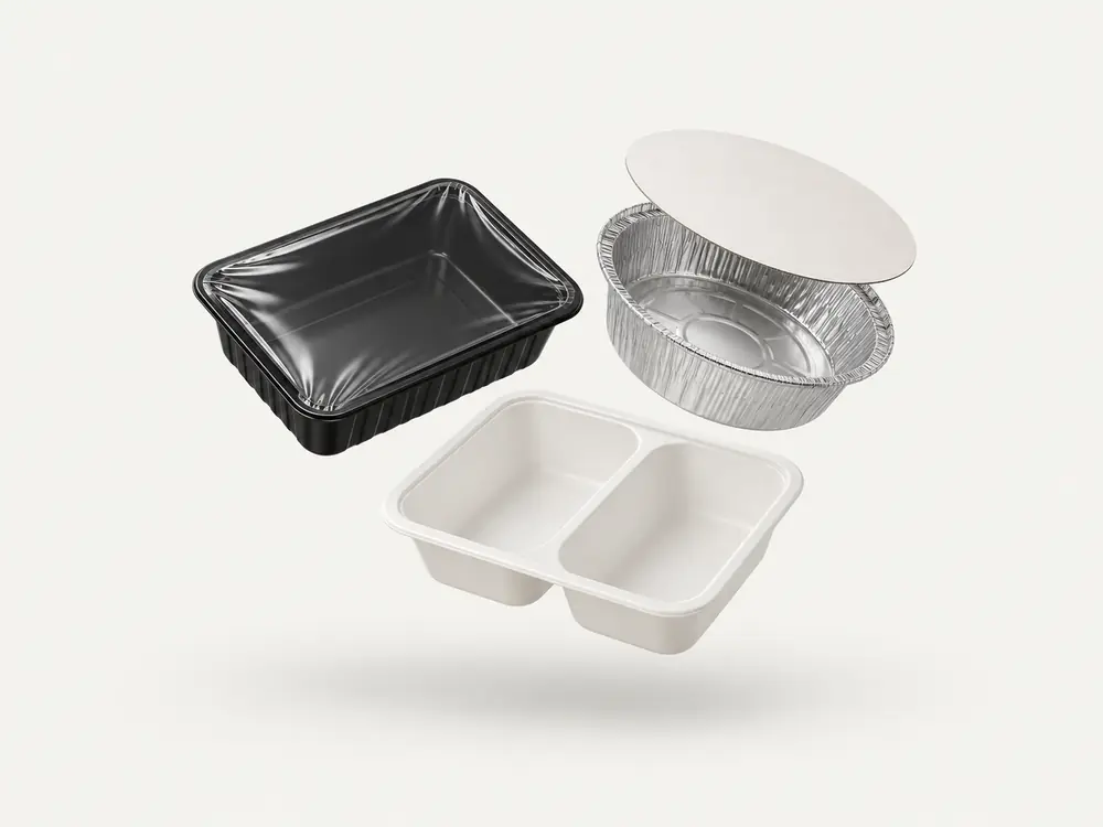 Sealed black meal tray, foil container and white compartment tray