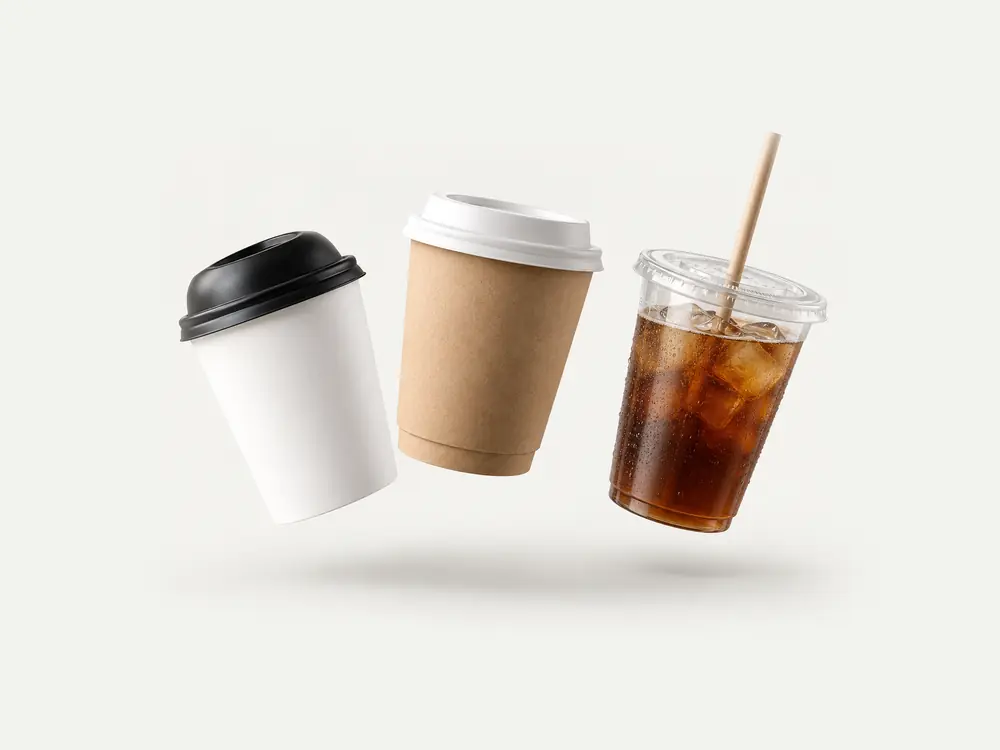 White and kraft coffee cups and a clear cold cup