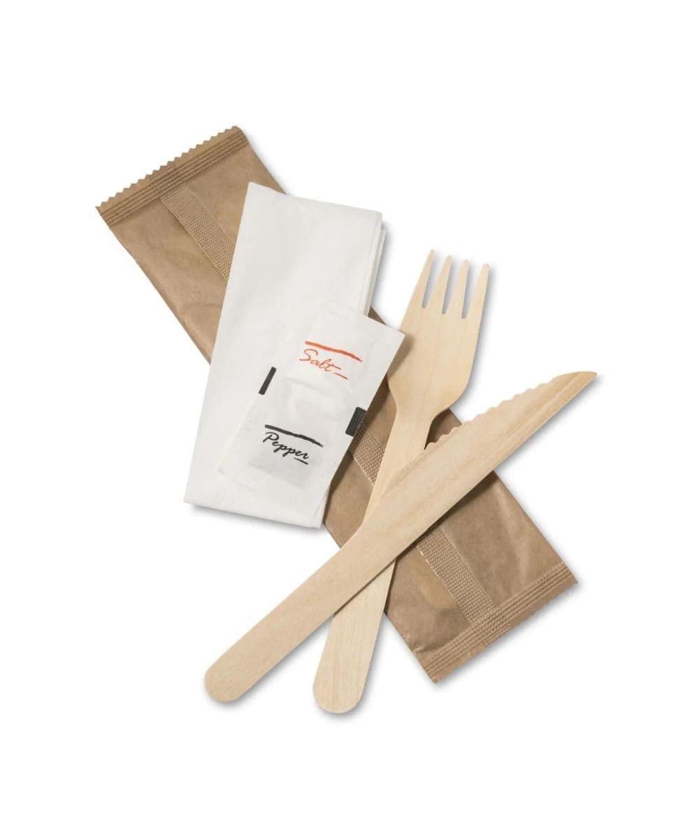 Wooden Cutlery Set (Knife, Fork, Salt & Pepper, 2Ply Napkin)